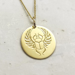 14K Gold Scarab Necklace, Gold Egyptian Jewelry, Egyptian Beetle Pendant, Flying Insect Charm, Scarab Jewelry, Egyptian Solid Gold Necklace