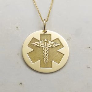 Ciondolo medico in oro 14 carati, collana di allerta medica, ciondolo infermiere, ciondolo medico, collana di emergenza, gioielli medici, regalo di laurea, regalo infermiere