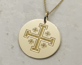 Jerusalem Cross Necklace, 14K Yellow Gold Pendant, Gold Cross Necklace, Orthodox Cross, Engraved Cross Pendant, Gold Coin Necklace, Her Gift