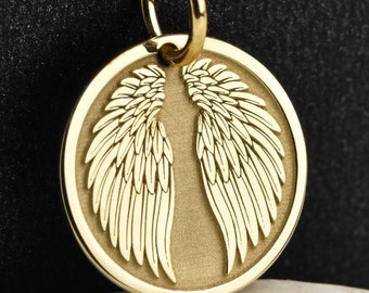 14K Solid Gold Angel Wings Necklace, Angelic Protection Charm, Personalized Birthday Gift, Devine Pendant, Wings Coin Amulet, Gift for Her