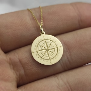 14K Solid Gold Compass Pendant, Personalized Compass Jewelry, Dainty Traveler Necklace, Gold Compass Coin Charm, Traveler Gift Medallion