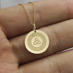 14K Solid Gold Triquetra Pendant, Gold Trinity Knot Coin Necklace, Personalized Irish Triple Knot Jewelry, Engraved Religious Necklace