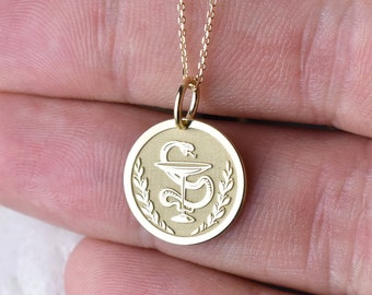 14K Solid Gold Bowl of Hygieia Necklace, Custom Pharmacist Pendant, Pharmacy Student Gift, Protection Necklace, Medical Gold Medallion