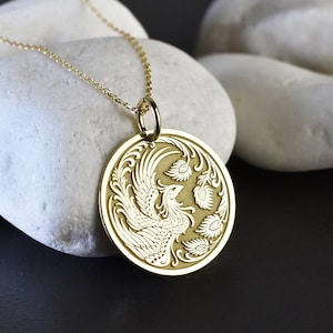 14K Solid Gold Phoenix Necklace, Gold Coin Mythology Bird Pendant, Rising Phoenix Jewelry, Personalized Phoenix Charm, Gold Bird Necklace