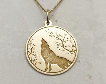 Gold Wolf Necklace, 14K Solid Gold Pendant, Howling Wolf Charm, Wild Life Necklace, Wolf Jewelry, Personalized Pendant, Dainty Gold Necklace