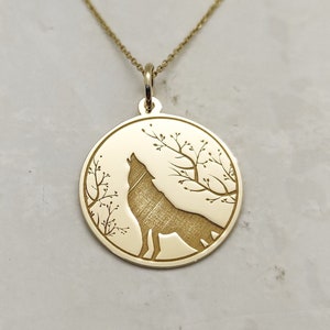 Gold Wolf Necklace, 14K Solid Gold Pendant, Howling Wolf Charm, Wild Life Necklace, Wolf Jewelry, Personalized Pendant, Dainty Gold Necklace