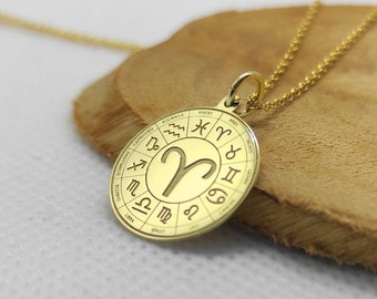 Aries Necklace, 14K Yellow Gold Pendant, Aries Jewelry, Zodiac Sign Charm, Zodiac Jewelry, Gold Engraved Pendant, Astrology Sign Necklace