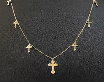 Collar de gargantilla cruzada de oro macizo de 14K, regalo de collar religioso de cruz de oro, gargantilla de cruz católica, collar de cruz de oro minimalista, gargantilla pequeña