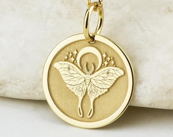 14K Solid Gold Moth Necklace, Luna Moth Pendant, Death Moth Medallion, Personalized Gift, Insect Butterfly Jewelry, Round Gold Coin Necklace