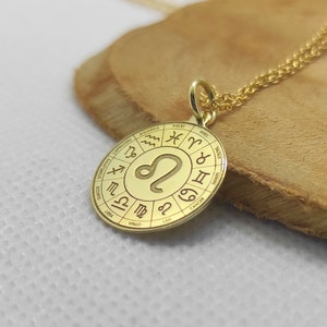 Leo Necklace, 14K Gold Pendant, Zodiac Sign Pendant, Leo Jewelry, Astrological Sign Necklace, Gold Coin Necklace, Zodiac Disc Pendant Gift