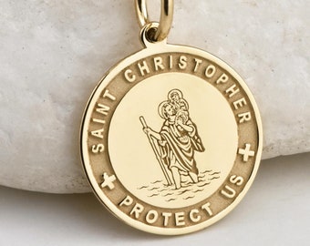 14K Gold Saint Christopher Necklace, Travel Protection Charm, Travelling Medallion, Christian Jewelry, St Christopher Pendant, Custom Amulet