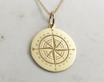 Gold Compass Pendant, Engraved Compass Jewelry, 14K Solid Gold Charm, Compass Gift, Traveler Necklace, Graduation Necklace, Compass Charm