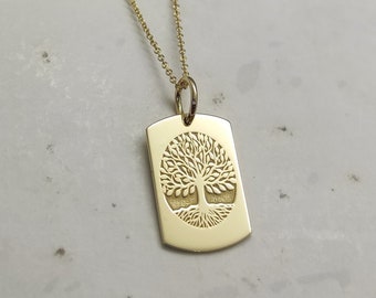 Amuleto de árvore da vida, colar de ouro maciço 14K, pingente de árvore genealógica, pingente personalizado, presente de árvore da vida, colar com etiqueta dourada, presente de família