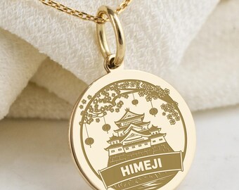 14K Gold Himeji Necklace, Hyogo Prefecture Medallion, Himeji Castle Charm, Travel Memorabilia Jewelry, Japanese Jewelry, Engyo-Ji Talisman