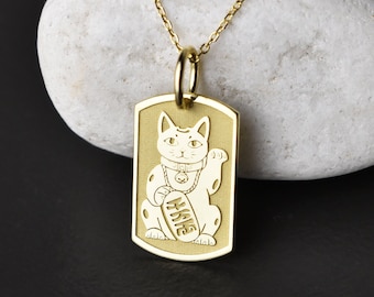 Collier Maneki Neko en or 14 carats, pendentif chat porte-bonheur japonais, bijoux chat ondulant, breloque chat asiatique, bijoux chat porte-bonheur du Japon, cadeau chat