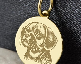 14K Gold Puggle Dog Necklace, Pug Beagle Crossbreed Charm, Designer Breed Disc, Furry Friend Amulet, Pet Memorial Pendant, Family Pet Coin