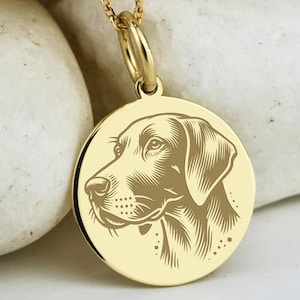Op de afbeelding: Goudkleurige hangerketting met een gedetailleerde gravure van een hondenhoofd. De ronde hanger hangt aan een fijne ketting met kleine, ronde kralen. Het portret van de hond is in profiel en toont zijn kenmerken.