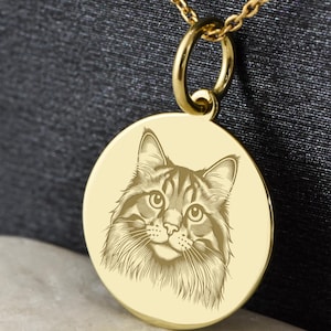 Puede incluir: Collar con colgante dorado con un retrato grabado detallado de la cara de un gato. El colgante redondo cuelga de una delicada cadena dorada con pequeños detalles de bolas. El fondo es de tela gris oscuro.