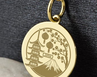 14K Gold Japan Necklace, Country Jewelry, Japanese Pendant, Mount Fuji Medallion, Cherry Blossom Amulet, Heritage Talisman, Gift for Wife
