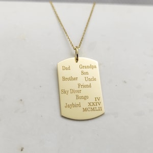 Tag Necklace, Gold Tag Necklace, Dog Tag Pendant, 14K Gold Necklace, Gold Coin Pendant, Engraved Necklace, Personalized Gift, Gift for Her