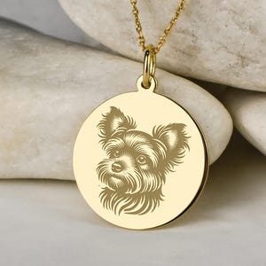Puede incluir: Un collar con colgante dorado con un grabado detallado de la cara de un perro. El colgante circular cuelga de una delicada cadena con pequeñas cuentas redondas. Los rasgos del perro están finamente grabados, mostrando su pelaje y expresión.