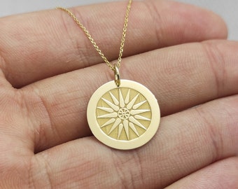 Vergina Sun Necklace, 14K Solid Gold Pendant, Star of Vergina Pendant, Gold Coin Necklace, Sun Pendant, Gold Disc Necklace, Greek Necklace