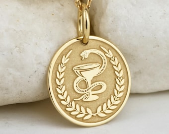 14K Solid Gold Pharmacy Symbol Necklace, Bowl of Hygeia Pendant, Personalized Graduation Gift, Pharmacist Charm, Snake and Bowl Symbol Coin