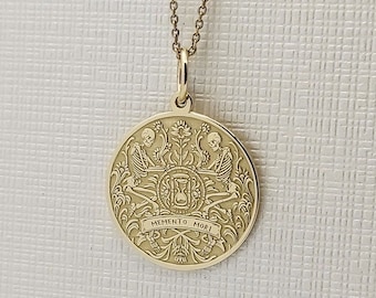 14K Solid Gold Memento Mori Necklace, Gold Coin Skull Pendant, Personalized Amor Fati Jewelry, Stoicism Charm, Gold Philosophy Necklace