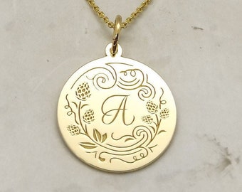 Collar de iniciales de oro macizo de 14 quilates, colgante de letra de disco de oro, dije de monograma personalizado, joyería con iniciales personalizadas, collar con iniciales grabadas