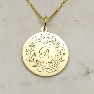 14K Solid Gold Initials Necklace, Gold Disc Letter Pendant, Personalized Monogram Charm, Custom Initial Jewelry, Engraved Initials Necklace