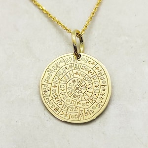 14K Solid Gold Phaistos Disc Necklace, Phaistos Greek Symbol Jewelry, Ancient Greek Pendant, Personalized Greek Phaistos Charm, Gold Disc
