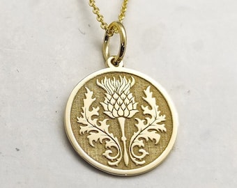 14K Solid Gold Thistle Necklace, Gold Round Scottish Thistle Jewelry, Gold Coin Thistle Pendant, Personalized Symbolic Scottish Celtic Charm
