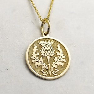 14K Solid Gold Thistle Necklace, Gold Round Scottish Thistle Jewelry, Gold Coin Thistle Pendant, Personalized Symbolic Scottish Celtic Charm