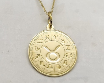 Taurus Necklace, 14K Solid Gold Pendant, Taurus Jewelry, Zodiac Sign Necklace, Gold Taurus Pendant, Gold Coin Necklace, Personalized Pendant