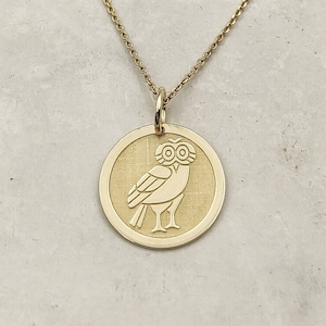 14K Solid Gold Owl Pendant, Dainty Gold Owl Necklace, Bird Charm For Layering, Bird Pendant, Greek Owl Jewelry, Owl Necklace, Gift For Wife