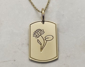 Collier fleur de naissance nénuphar avec étiquette en or 14 carats, pendentif fleur cadeau mois d'anniversaire juillet, breloque fleur de naissance personnalisée, bijoux fleur en or 14 carats