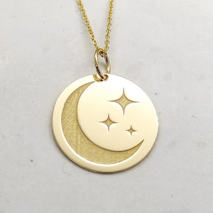 Moon and Stars Necklace, 14K Solid Gold Necklace, Celestial Pendant, Engraved Moon Necklace, Gold Moon Necklace, Personalized Gold Pendant