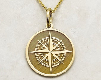 14K Solid Gold Compass Necklace, Personalized Compass Charm, Traveler Gift Pendant, Gold Disc Compass Jewelry, Navigation Compass Pendant