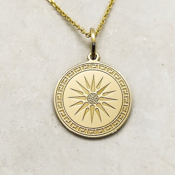 14K Solid Gold  Vergina Sun Necklace, Gold  Vergina Sun Disc Pendant, Ancient Greek Vergina Sun Jewelry, Symbolic Vergina Sun Jewelry