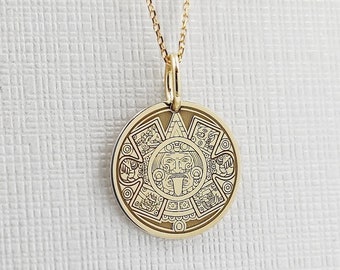 14K Solid Gold Aztec Calendar Disc Necklace, Gold Mayan Sun Calendar Pendant, Personalized Aztec Coin Jewelry, Perpetual Calendar Necklace