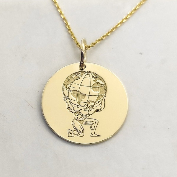 14K Solid Gold Atlas Necklace, Gold Atlas Holding the World Pendant, Personalized Atlas Charm, Gold Disc Atlas Statue Pendant, Atlas Pendant