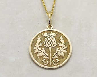14K Solid Gold Thistle Pendant, Personalized Scottish Disc Charm , Gold Symbolic Celtic Flower Necklace, Engraved Thistle Coin Jewelry