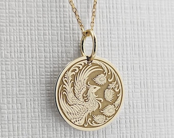 14K Solid Gold Phoenix Necklace, Gold Coin Mythology Bird Pendant, Rising Phoenix Jewelry, Personalized Phoenix Charm, Gold Bird Necklace