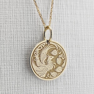 14K Solid Gold Phoenix Necklace, Gold Coin Mythology Bird Pendant, Rising Phoenix Jewelry, Personalized Phoenix Charm, Gold Bird Necklace