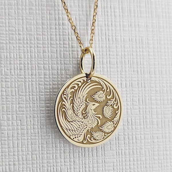 14K Solid Gold Phoenix Necklace, Gold Coin Mythology Bird Pendant, Rising Phoenix Jewelry, Personalized Phoenix Charm, Gold Bird Necklace