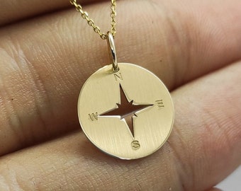 Compass Necklace, 14K Yellow Gold Pendant, Compass Pendant, Engraved Compass, Traveler Necklace, Gift for Her, Travel Gift, North Star