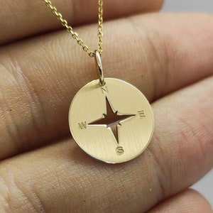 Compass Necklace, 14K Yellow Gold Pendant, Compass Pendant, Engraved Compass, Traveler Necklace, Gift for Her, Travel Gift, North Star