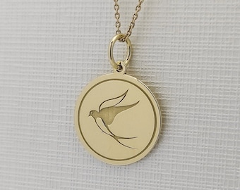 14K Solid Gold Swallow Necklace, Bird Pendant, Personalized Swallow Bird Jewelry, Nature Charm, Animal Pendant, Gold Bird Coin Necklace