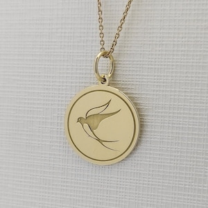 14K Solid Gold Swallow Necklace, Bird Pendant, Personalized Swallow Bird Jewelry, Nature Charm, Animal Pendant, Gold Bird Coin Necklace
