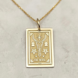 14K gouden tarotkaart duivel ketting, echte gouden duivel hanger, gepersonaliseerde tarotkaart cadeau, rechthoek tarot sieraden voor vrouwen, aangepaste hanger